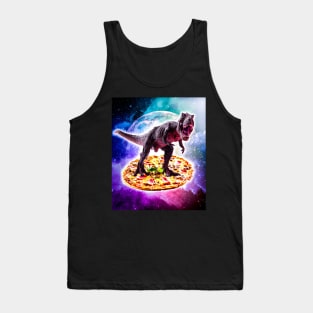 Tyrannosaurus Rex Dinosaur Riding Pizza In Space Tank Top